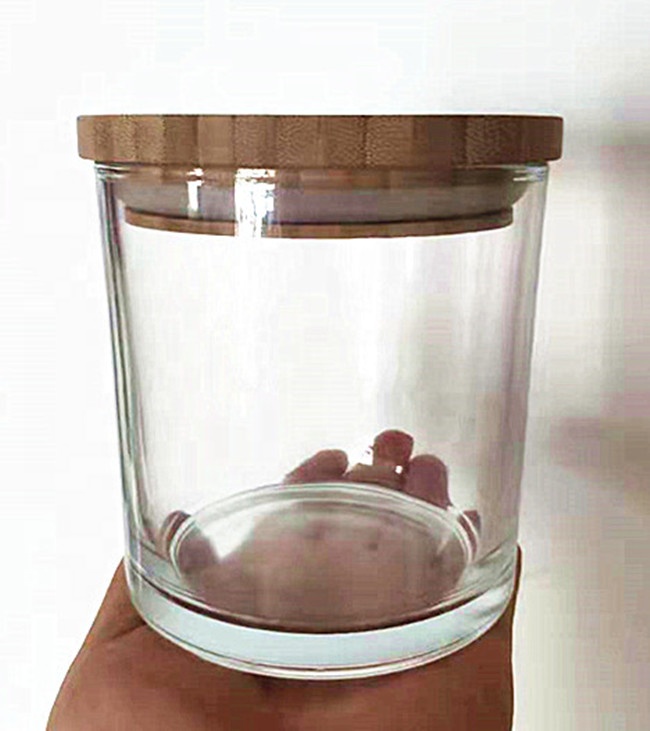 Clear cylinder glass candle jar with wooden lid candle jar wholesale