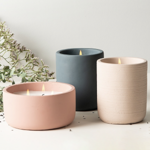 Modern frosted ceramic candle jars with wood