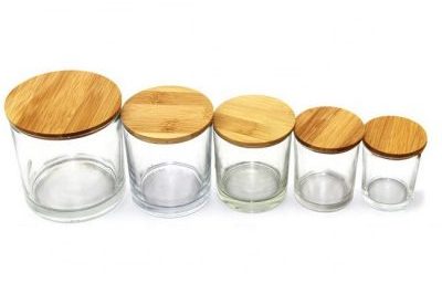 Clear cylinder glass candle jar with wooden lid (1)